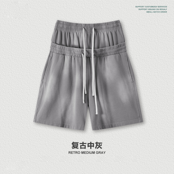 Heavyweight washed distressed double-waisted high-waisted shorts, trendy mid-length shorts, loose casual athletic capri pants