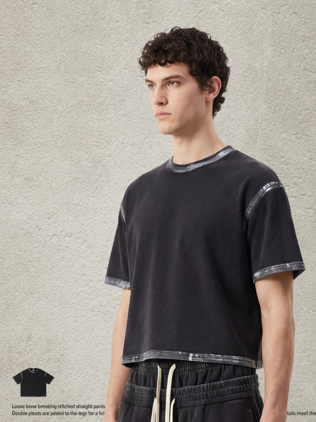 Retro distressed paint-coated pure cotton short-sleeved top with snowflake wash, high-street trendy brand Boxy fit T-shirt