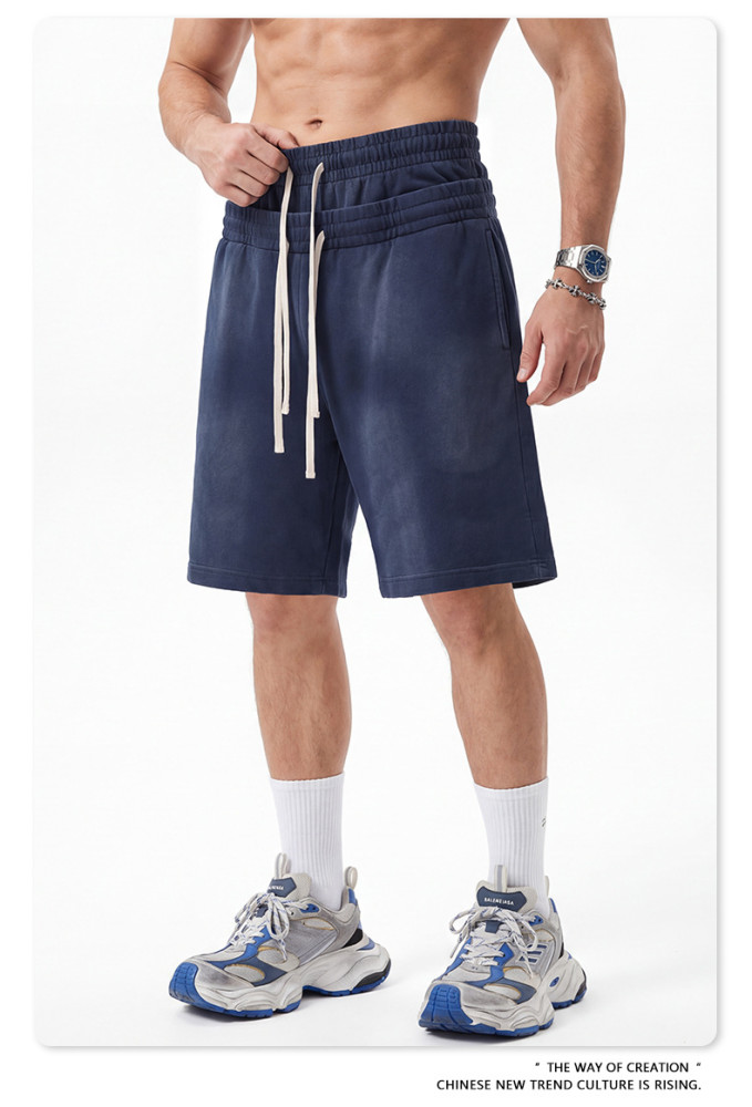 Heavyweight washed distressed double-waisted high-waisted shorts, trendy mid-length shorts, loose casual athletic capri pants