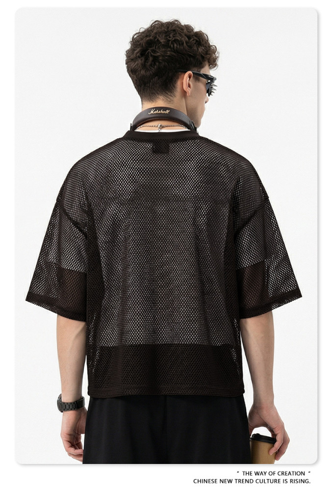 Summer American streetwear brand Boxyfit short-sleeved mesh V-neck casual T-shirt for men