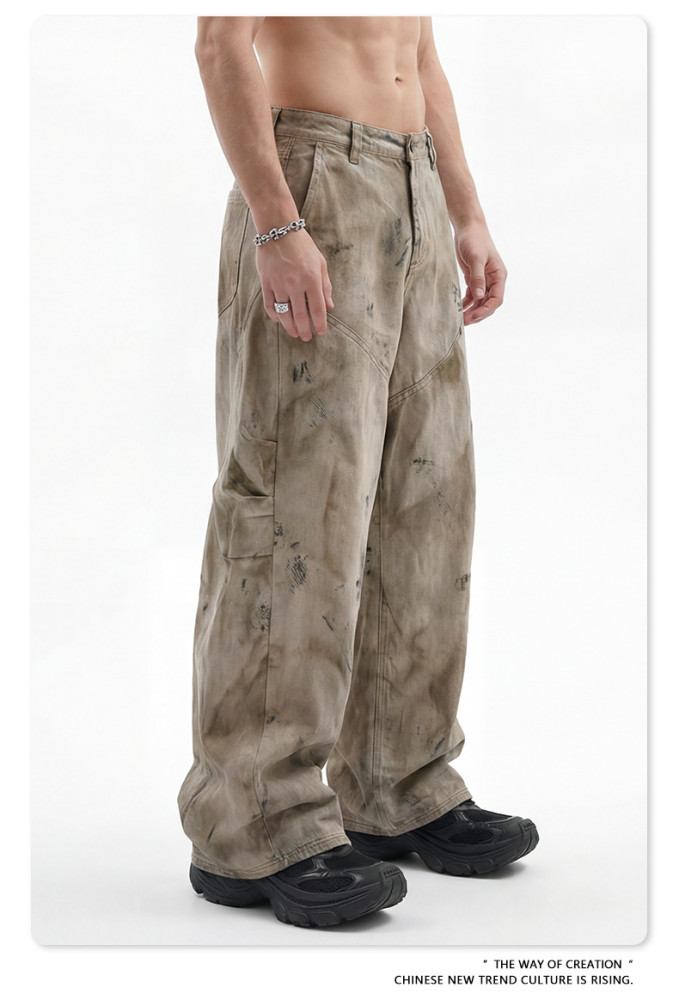 American high-street trendy retro casual trousers with curved denim texture, dusty yellow distressed loose wide-leg pants