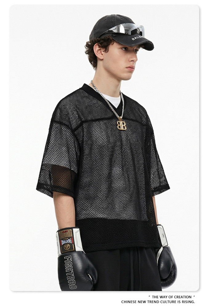 Summer American streetwear brand Boxyfit short-sleeved mesh V-neck casual T-shirt for men
