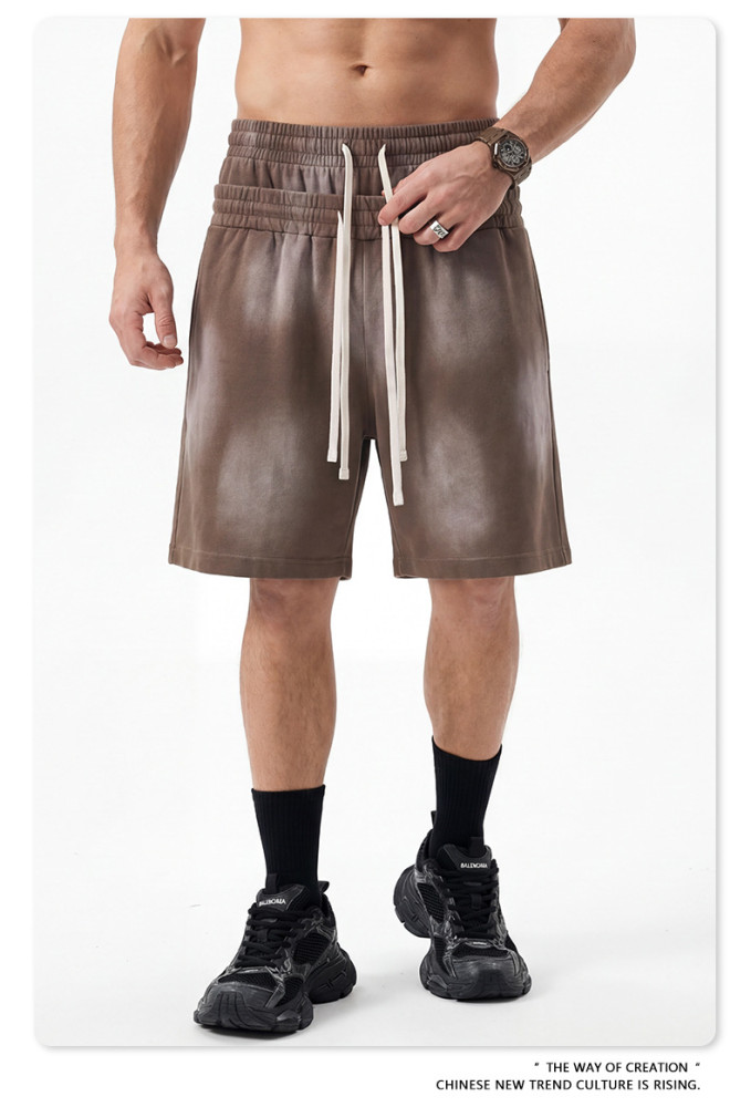 Heavyweight washed distressed double-waisted high-waisted shorts, trendy mid-length shorts, loose casual athletic capri pants