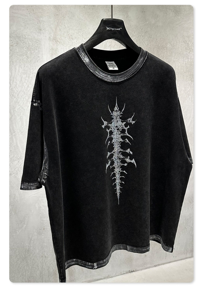 American retro streetwear brand Boxy short-sleeved distressed paint-print T-shirt for men, summer style.