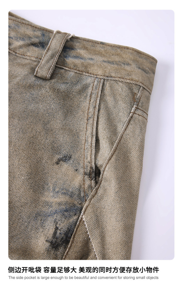 American high-street trendy retro casual trousers with curved denim texture, dusty yellow distressed loose wide-leg pants