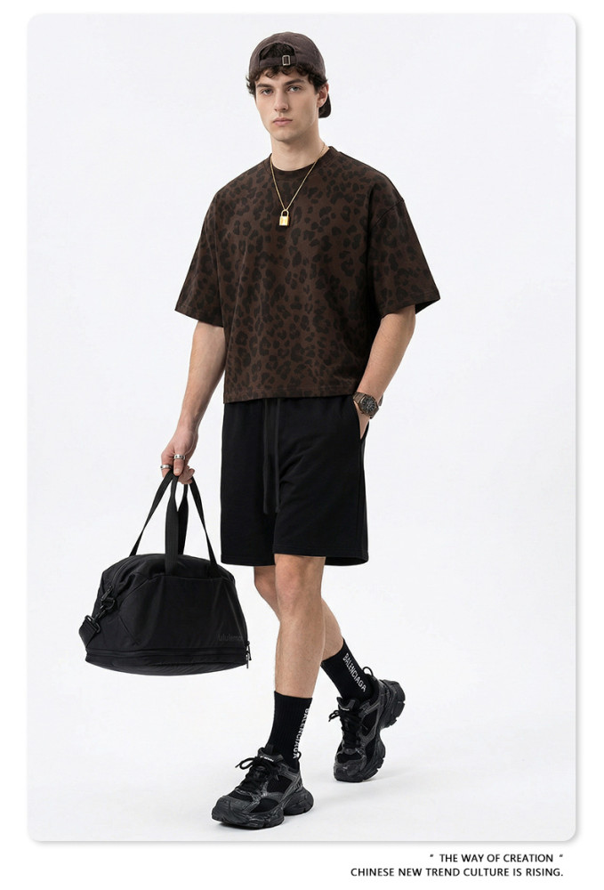 New Summer American Retro BOXY Leopard Print Crew Neck Short Sleeve T-Shirt Plus Size Casual Loose Top for Men