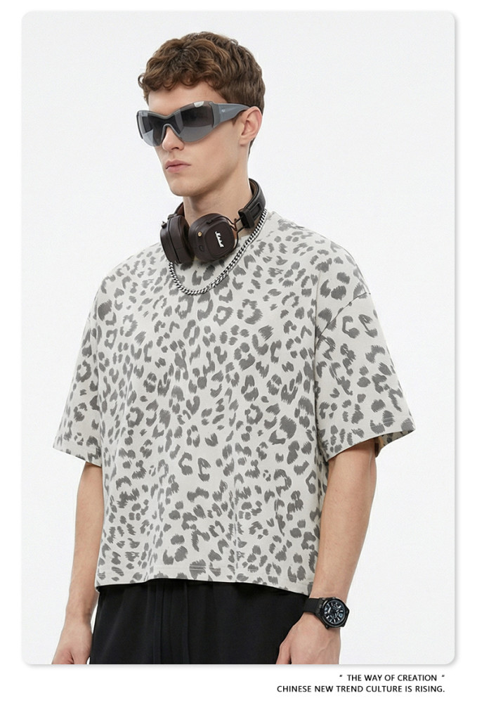 New Summer American Retro BOXY Leopard Print Crew Neck Short Sleeve T-Shirt Plus Size Casual Loose Top for Men