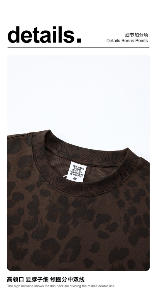 New Summer American Retro BOXY Leopard Print Crew Neck Short Sleeve T-Shirt Plus Size Casual Loose Top for Men