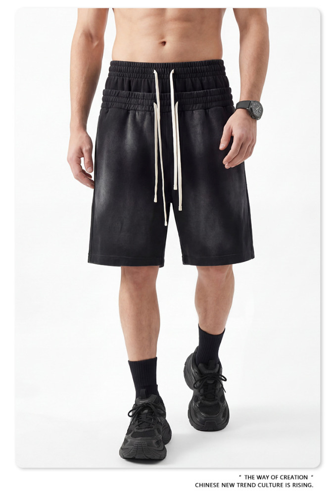 Heavyweight washed distressed double-waisted high-waisted shorts, trendy mid-length shorts, loose casual athletic capri pants