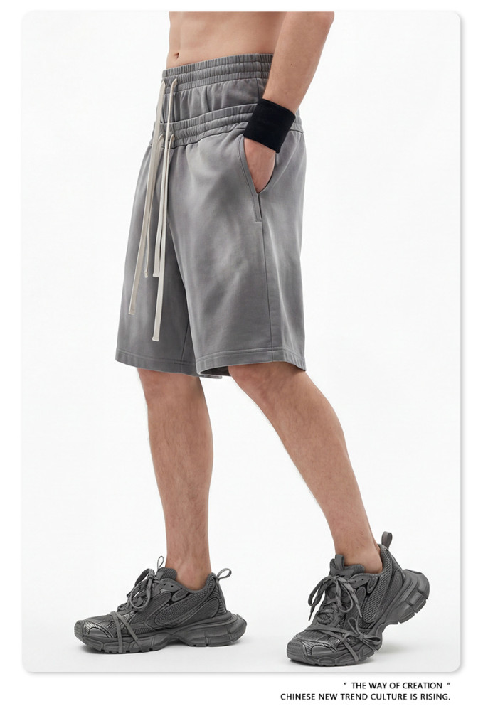 Heavyweight washed distressed double-waisted high-waisted shorts, trendy mid-length shorts, loose casual athletic capri pants