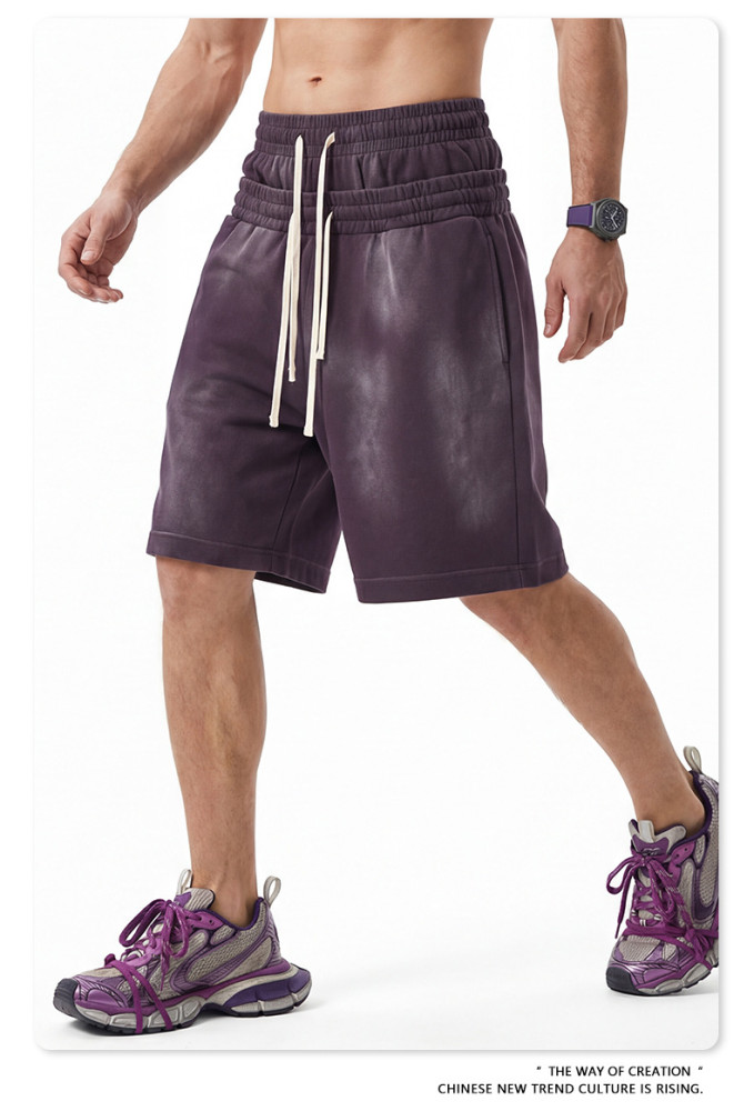 Heavyweight washed distressed double-waisted high-waisted shorts, trendy mid-length shorts, loose casual athletic capri pants