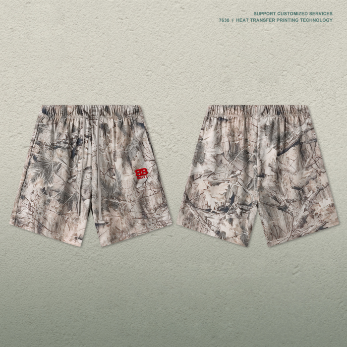 American-style high-street leaf camouflage shorts for men, quick-drying, breathable, embroidered, loose-fitting athletic capri pants.