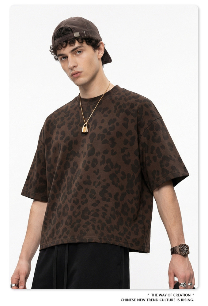 New Summer American Retro BOXY Leopard Print Crew Neck Short Sleeve T-Shirt Plus Size Casual Loose Top for Men