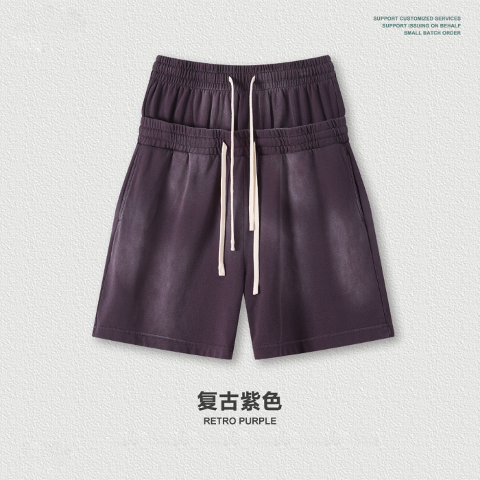Heavyweight washed distressed double-waisted high-waisted shorts, trendy mid-length shorts, loose casual athletic capri pants