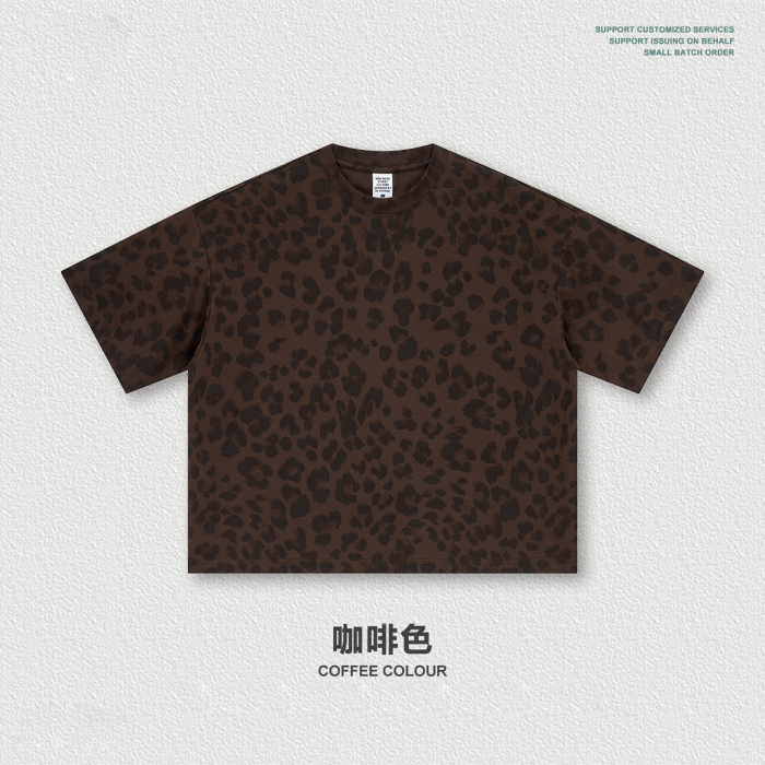 New Summer American Retro BOXY Leopard Print Crew Neck Short Sleeve T-Shirt Plus Size Casual Loose Top for Men