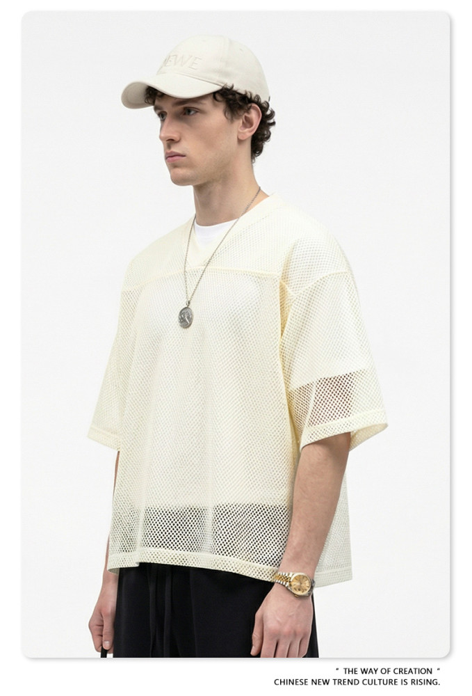 Summer American streetwear brand Boxyfit short-sleeved mesh V-neck casual T-shirt for men
