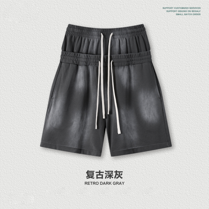 Heavyweight washed distressed double-waisted high-waisted shorts, trendy mid-length shorts, loose casual athletic capri pants