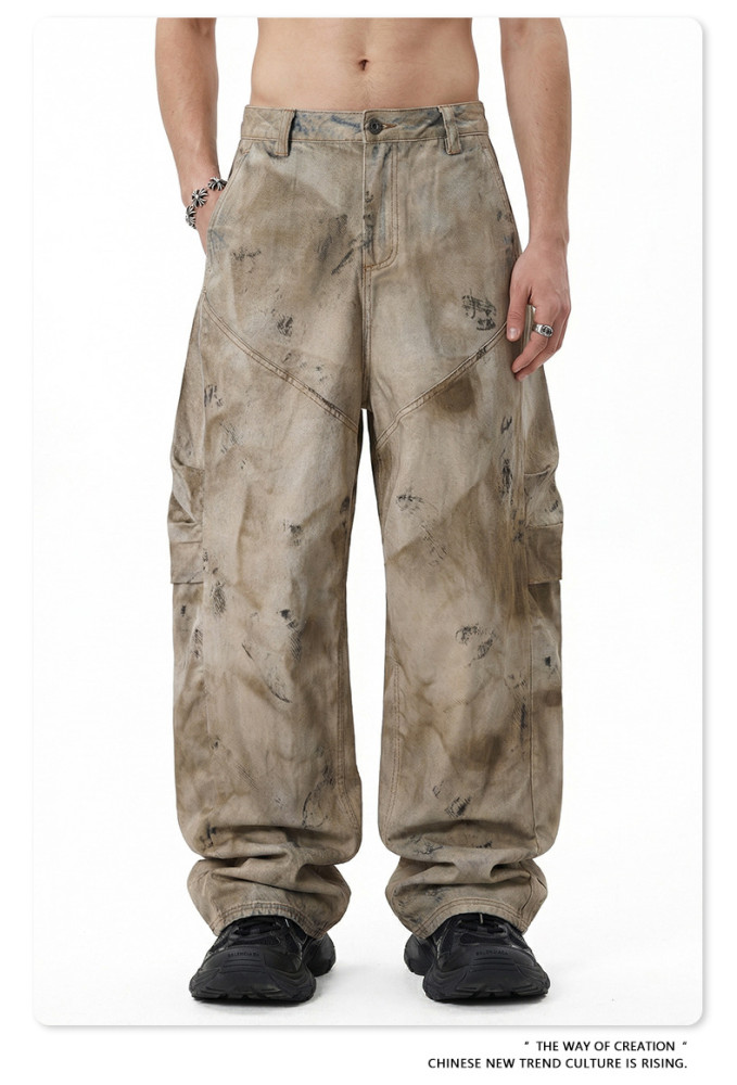 American high-street trendy retro casual trousers with curved denim texture, dusty yellow distressed loose wide-leg pants