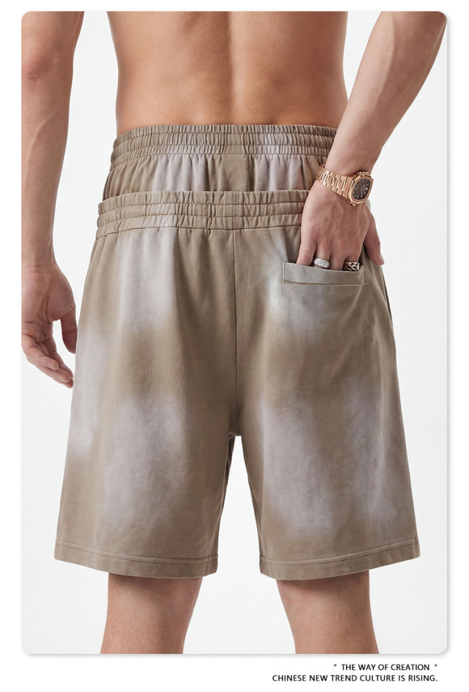 Heavyweight washed distressed double-waisted high-waisted shorts, trendy mid-length shorts, loose casual athletic capri pants