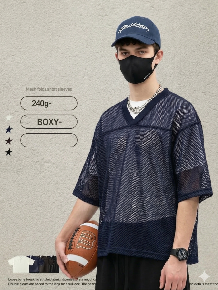 Summer American streetwear brand Boxyfit short-sleeved mesh V-neck casual T-shirt for men