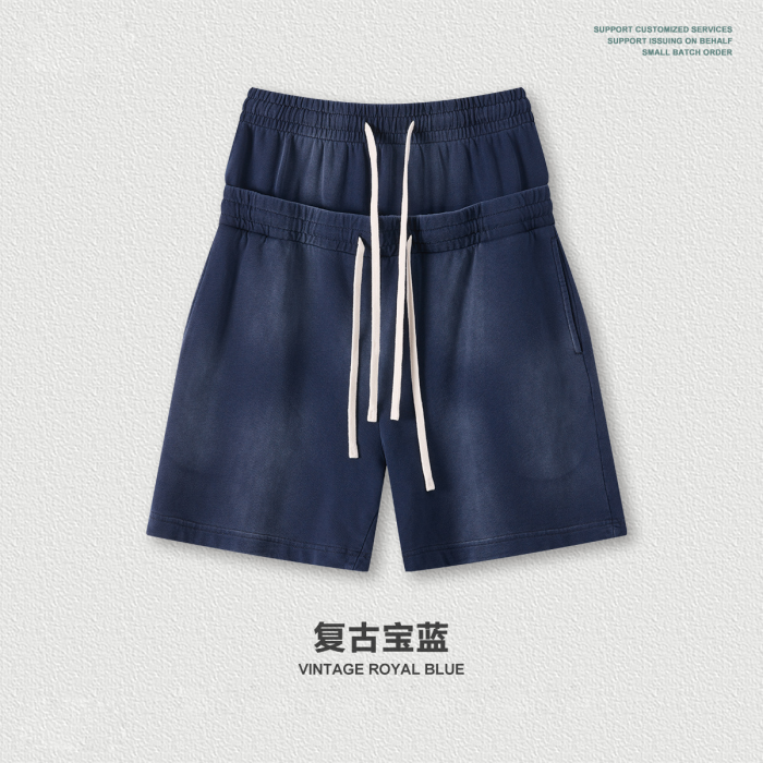 Heavyweight washed distressed double-waisted high-waisted shorts, trendy mid-length shorts, loose casual athletic capri pants