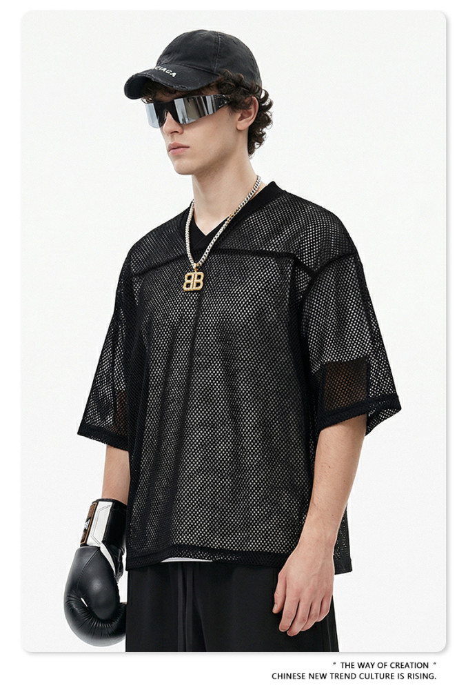 Summer American streetwear brand Boxyfit short-sleeved mesh V-neck casual T-shirt for men