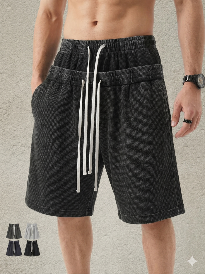 Retro-style snowflake texture waffle elastic waist drawstring double waistband loose shorts for men and women