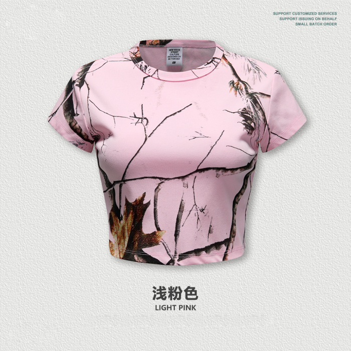 Summer European and American style leaf pattern short-sleeved t-shirt with front shoulder design, slim fit, short top, trendy women's style