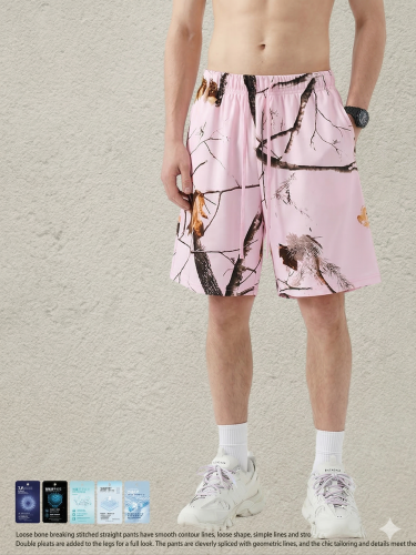 Summer American trendy brand leaf heat transfer loose-fitting shorts, sports casual quick-drying pants for men