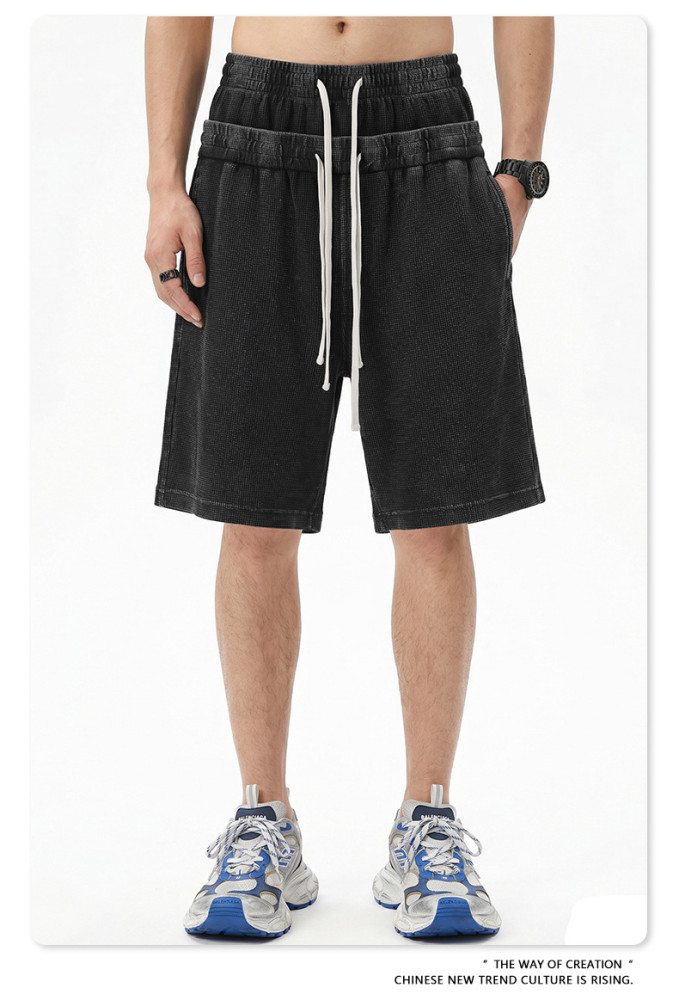 Retro-style snowflake texture waffle elastic waist drawstring double waistband loose shorts for men and women