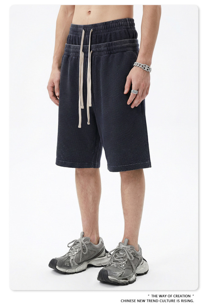 Retro-style snowflake texture waffle elastic waist drawstring double waistband loose shorts for men and women