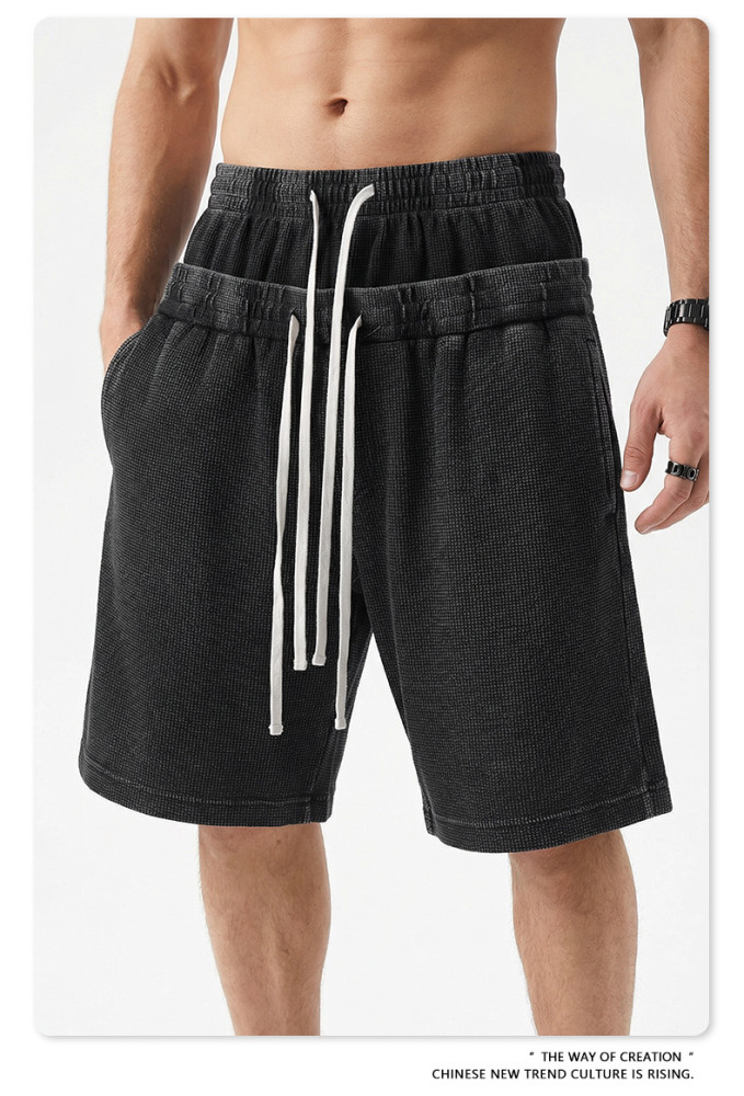 Retro-style snowflake texture waffle elastic waist drawstring double waistband loose shorts for men and women
