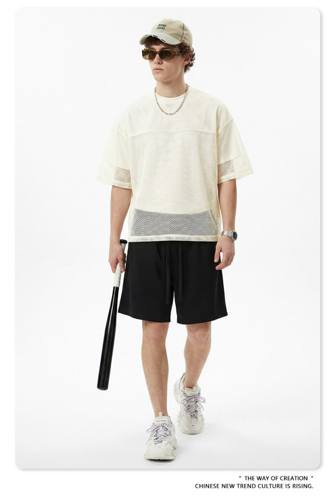 Spring Summer European and American Style Boxyfit Mesh Layered Short-Sleeve T-Shirt, Short and Wide Hollow-Out Top for Men
