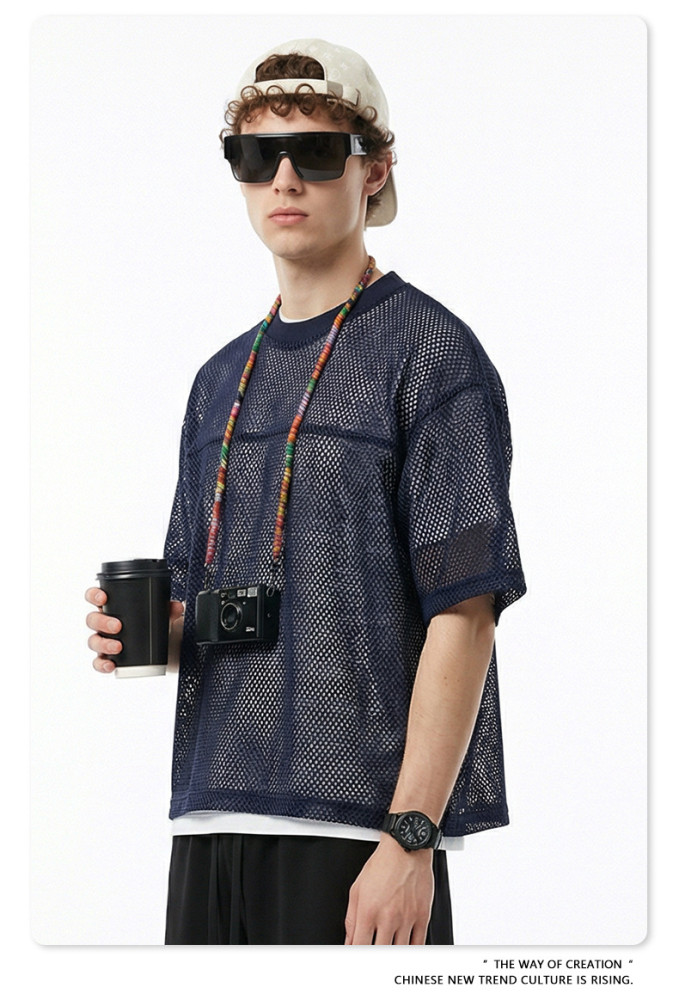 Spring Summer European and American Style Boxyfit Mesh Layered Short-Sleeve T-Shirt, Short and Wide Hollow-Out Top for Men