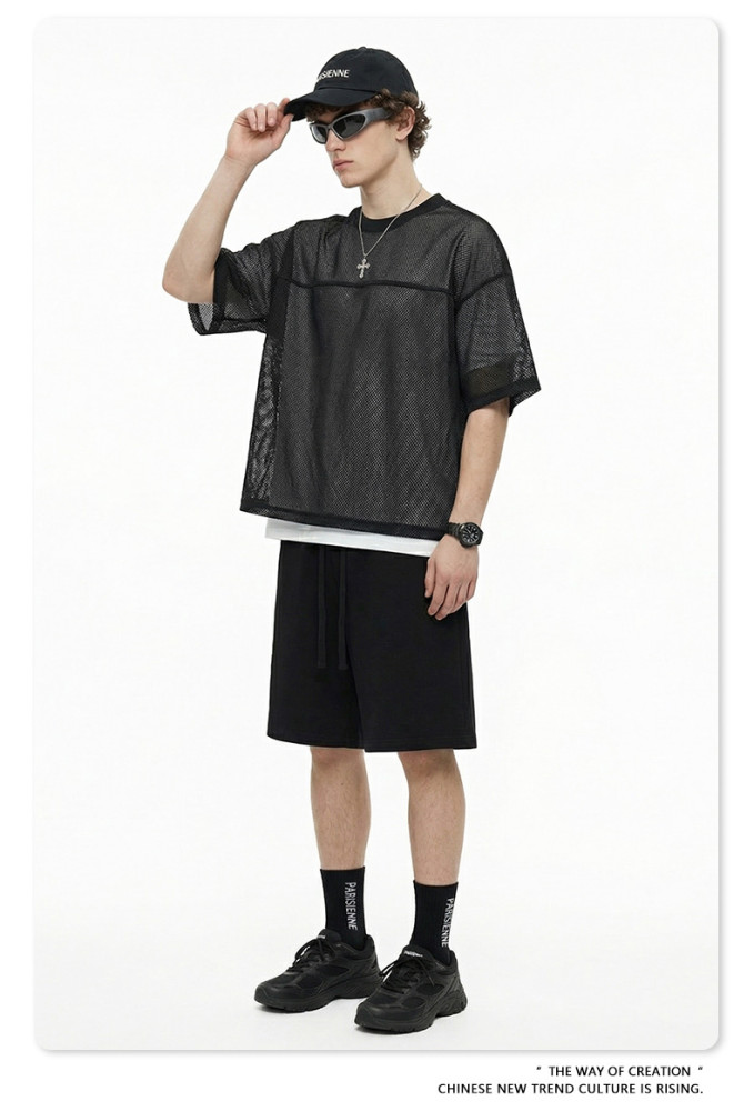 Spring Summer European and American Style Boxyfit Mesh Layered Short-Sleeve T-Shirt, Short and Wide Hollow-Out Top for Men
