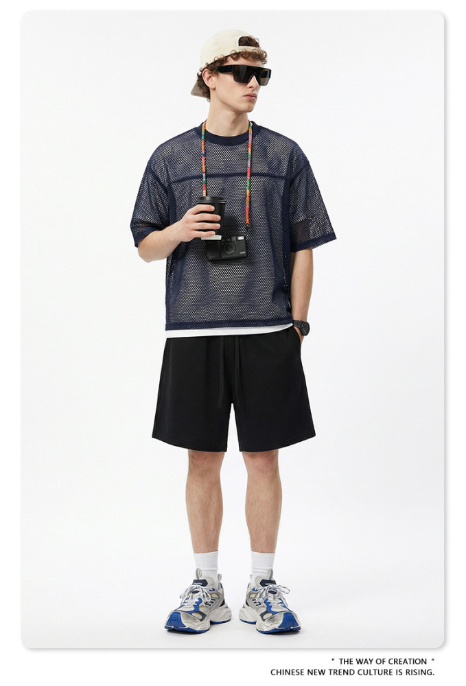 Spring Summer European and American Style Boxyfit Mesh Layered Short-Sleeve T-Shirt, Short and Wide Hollow-Out Top for Men