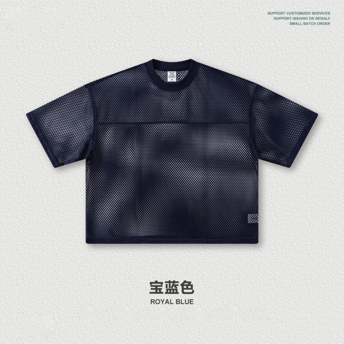 Spring Summer European and American Style Boxyfit Mesh Layered Short-Sleeve T-Shirt, Short and Wide Hollow-Out Top for Men
