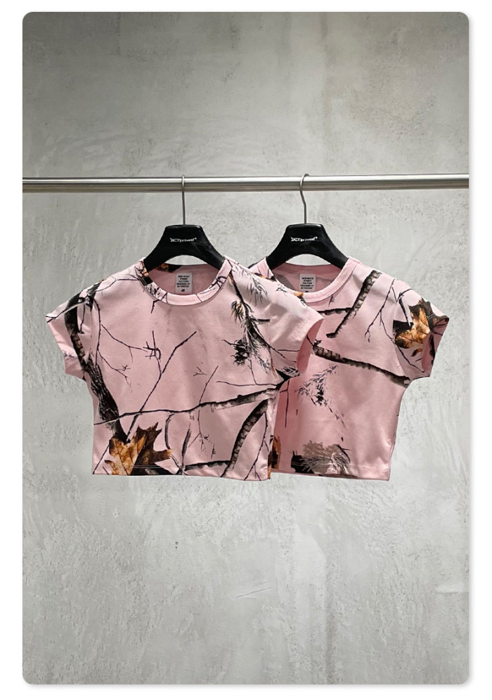 Summer European and American style leaf pattern short-sleeved t-shirt with front shoulder design, slim fit, short top, trendy women's style