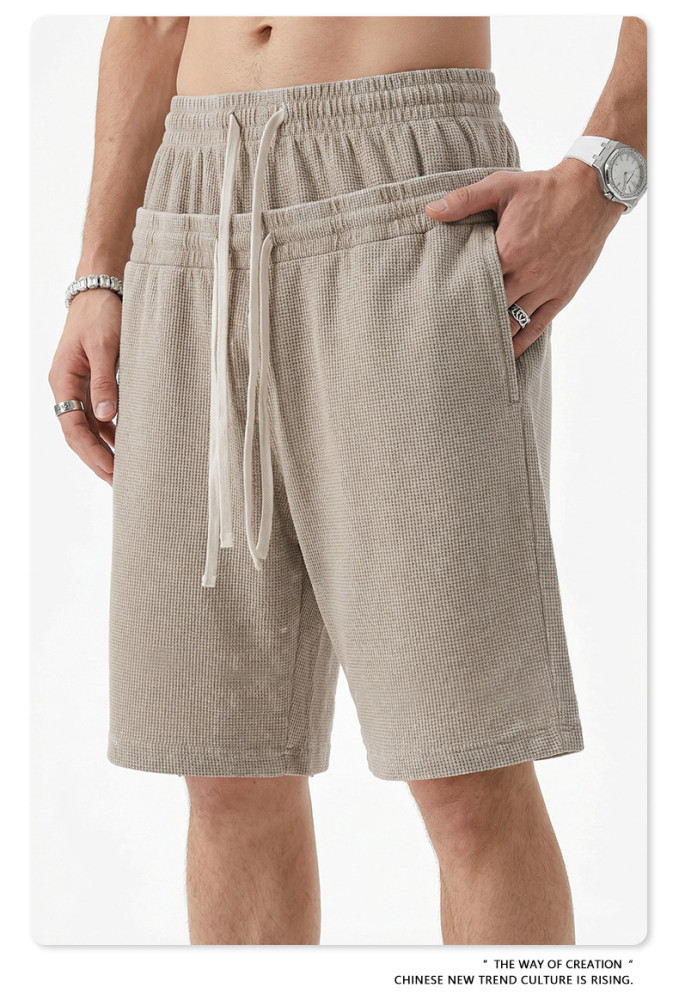 Retro-style snowflake texture waffle elastic waist drawstring double waistband loose shorts for men and women