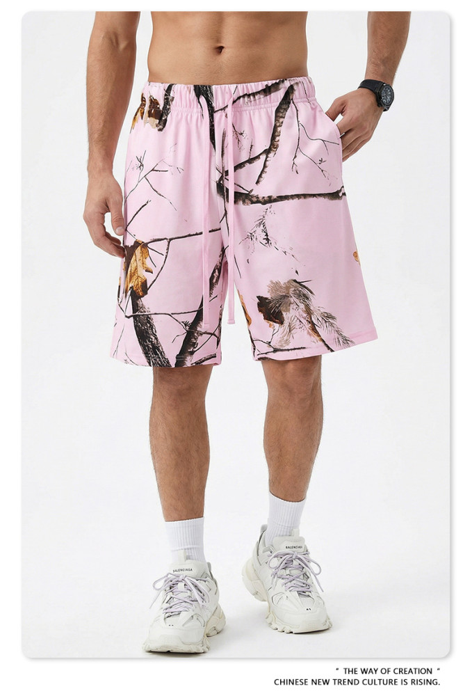 Summer American trendy brand leaf heat transfer loose-fitting shorts, sports casual quick-drying pants for men