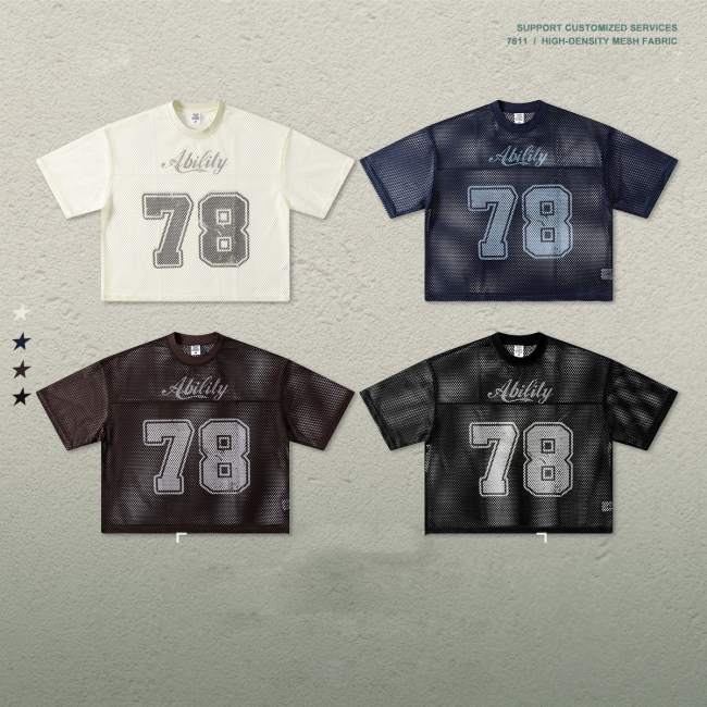 Summer European and American style short wide-sleeved boxy mesh layered letter print short-sleeved hollow T-shirt for men