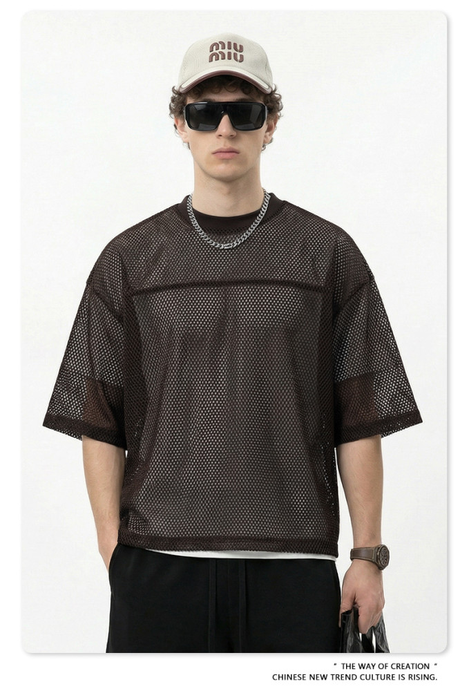 Spring Summer European and American Style Boxyfit Mesh Layered Short-Sleeve T-Shirt, Short and Wide Hollow-Out Top for Men
