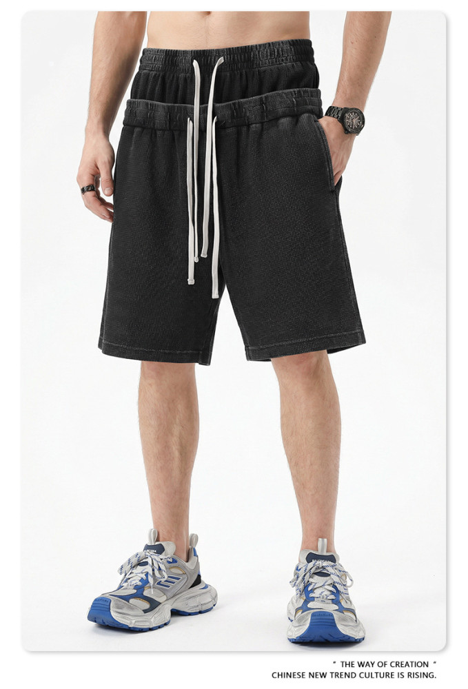 Retro-style snowflake texture waffle elastic waist drawstring double waistband loose shorts for men and women