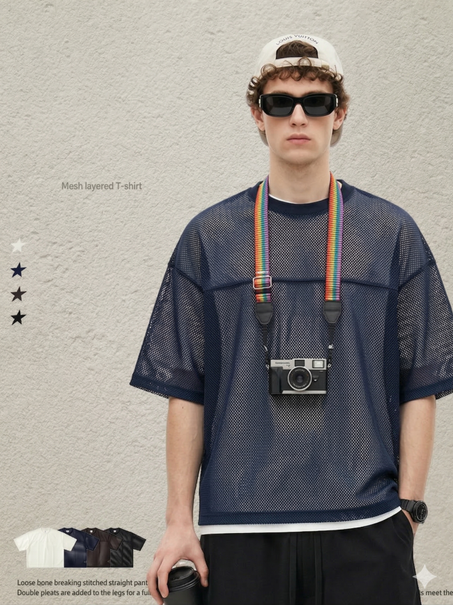 Spring Summer European and American Style Boxyfit Mesh Layered Short-Sleeve T-Shirt, Short and Wide Hollow-Out Top for Men