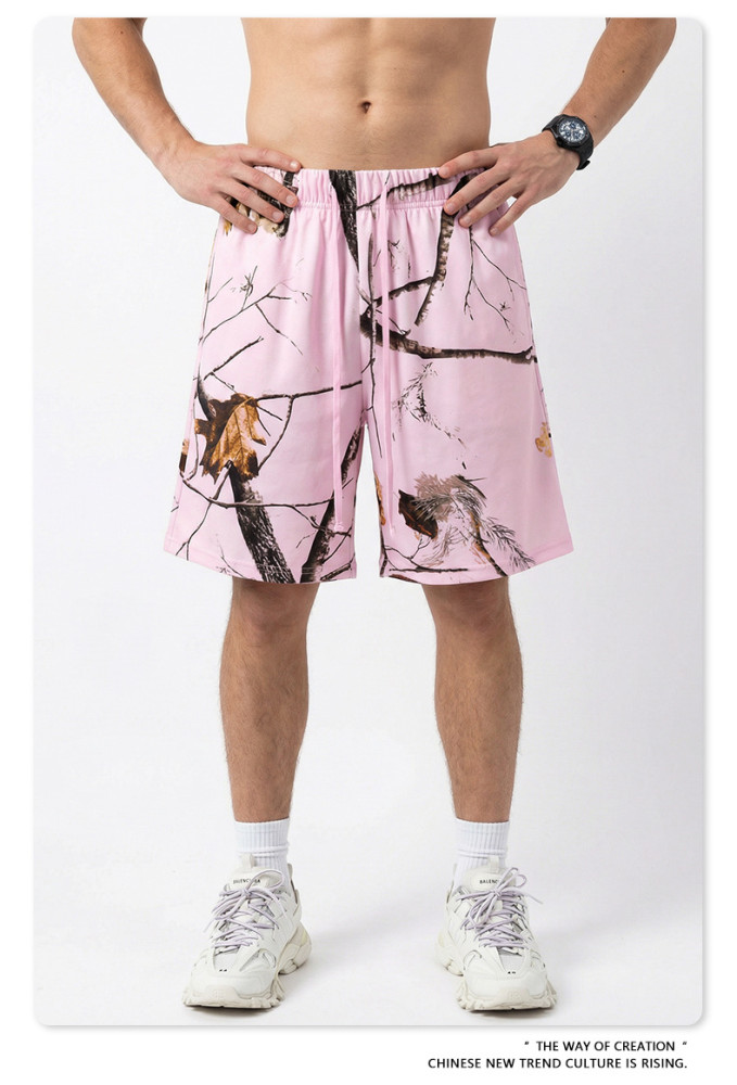 Summer American trendy brand leaf heat transfer loose-fitting shorts, sports casual quick-drying pants for men