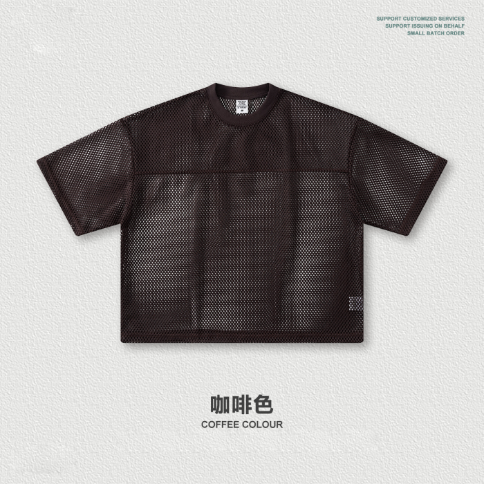 Summer European and American style short wide-sleeved boxy mesh layered letter print short-sleeved hollow T-shirt for men