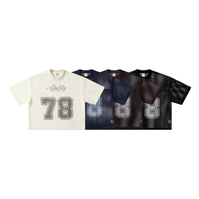 Summer European and American style short wide-sleeved boxy mesh layered letter print short-sleeved hollow T-shirt for men