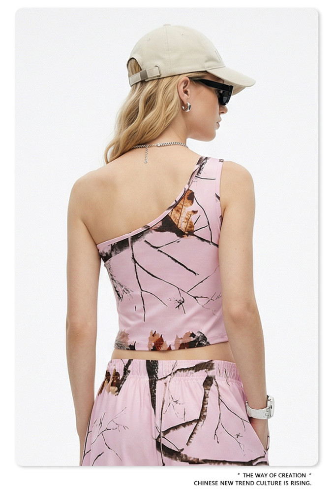 Summer American-style off-shoulder leaf camouflage vest, sexy style, slim fit, suspender sports vest for women.