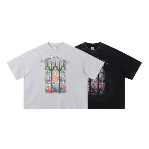 Trendy waffle-print distressed raglan loose-fitting church-themed short-sleeved T-shirt for men