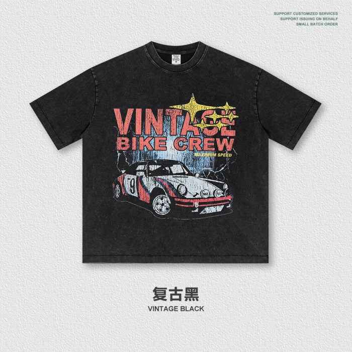 Streetwear high-street loose racing print top/t-shirt with snowflake pattern, distressed wash, drop shoulder short sleeves